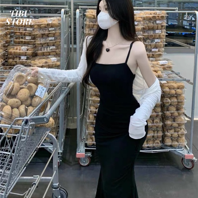Đầm body hở lưng hai dây dáng dài TIBU, đầm đuôi cá kèm áo khoác cardigan len tăm nữ dự tiệc đi chơi