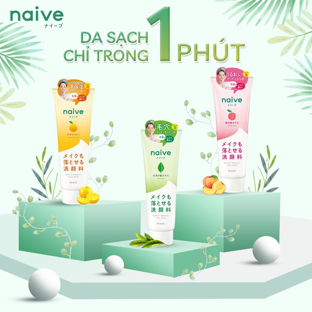 Sữa Rửa Mặt Naive Nhật Bản Chiết Xuất Trà Xanh,Lô Hội Giúp Làm Sạch Nhờn, Sáng Da,Cấp Ẩm Cao,Chống Lão Hóa Da 130g