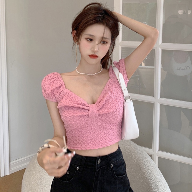 Áo Thun Croptop Tay Ngắn Cổ Chữ V Màu Sắc Trơn Đính Nơ Phong Cách Hàn Quốc Dành Cho Nữ