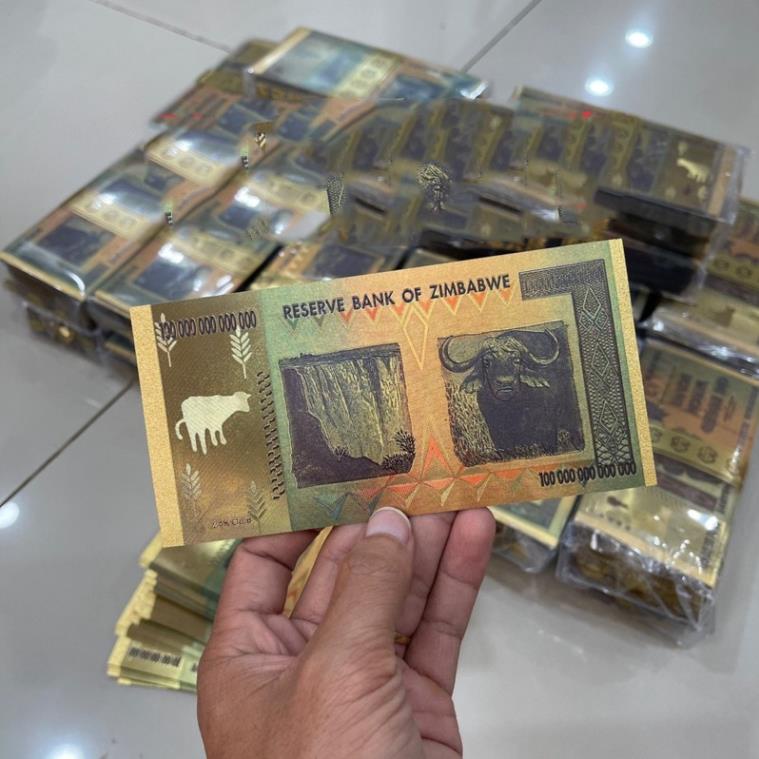 Combo 100 Tờ Zimbabwe 100 Ngàn Tỷ Plastic Mạ Vàng Siêu Đẹp - Phong Thủy May Mắn