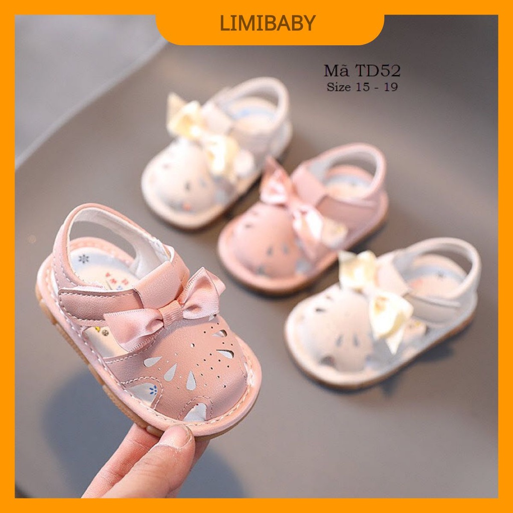 Dép rọ - Giày sandal tập đi có còi chíp chíp họa tiết gắn nơ xinh xắn cho bé gái 0 - 18 tháng TD52