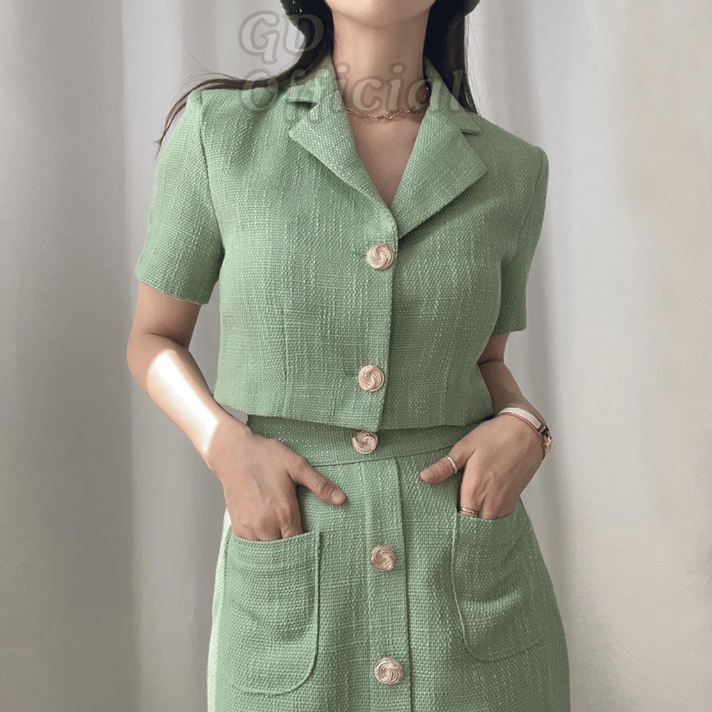 B13|Set bộ nữ áo vest ngắn tay chất đũi dáng croptop, váy  bút chì gd_order