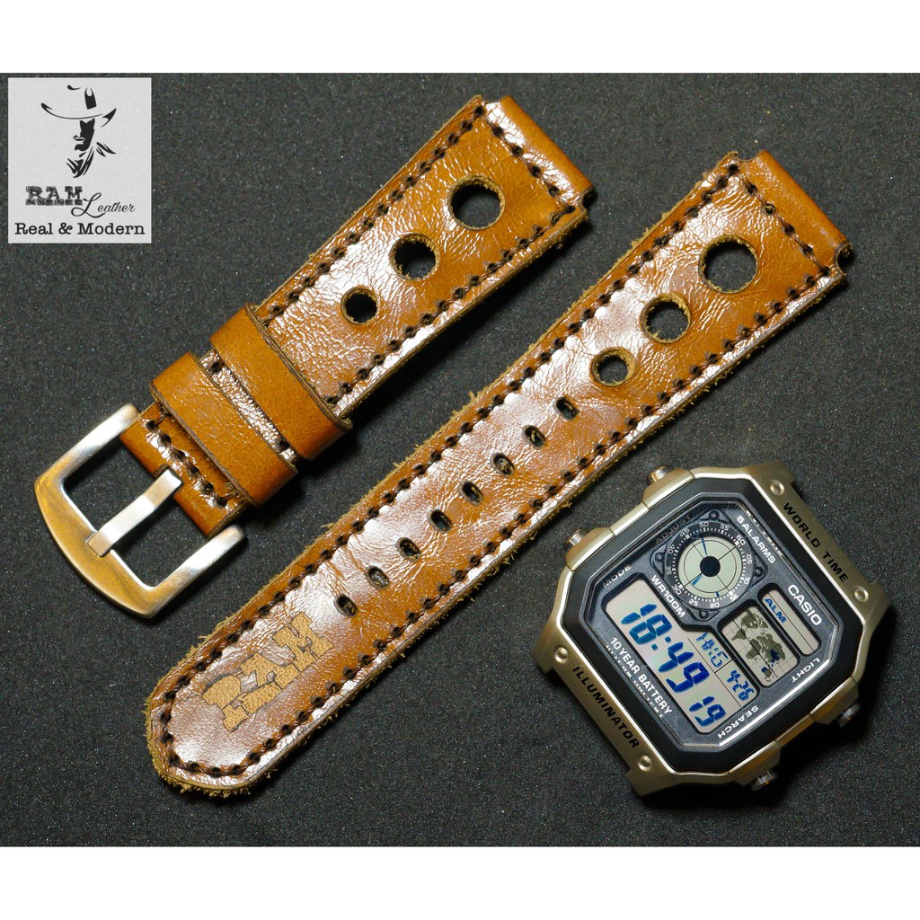Dây Casio AE 1200 da bò nâu đỏ RAM Leather D3 - tặng khóa chốt và cây thay dây