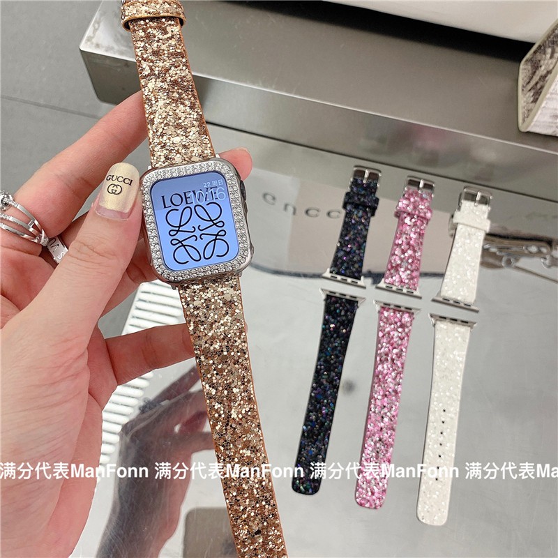 Dây Đeo Bằng Da Đính Kim Cương Giả Chất Lượng Cao 41mm 45mm 38mm 40mm 42mm 44mm Cho iWatch 8 7 6 5 SE 4 3 2
