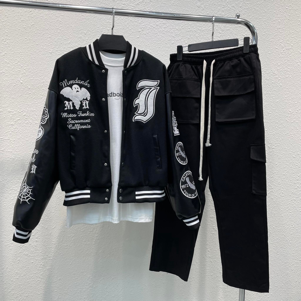 Áo Khoác varsity GHOST vintage ÁO BOMBER chất dạ 2 lớp phối tay da Pu cao cấp KunShop Unisex