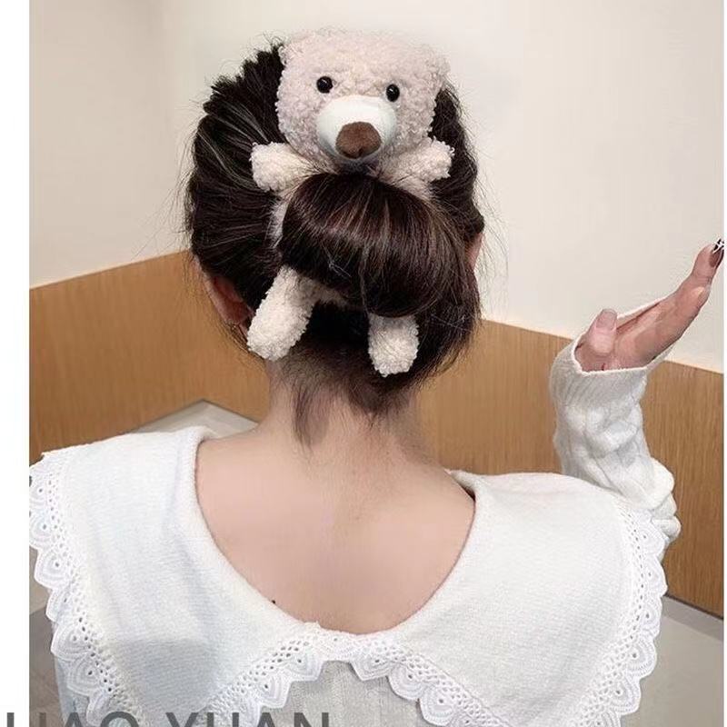 Dây Buộc Tóc Cao Su Co Giãn Phối Lông Hình Gấu Dễ Thương Phong Cách Hàn Quốc