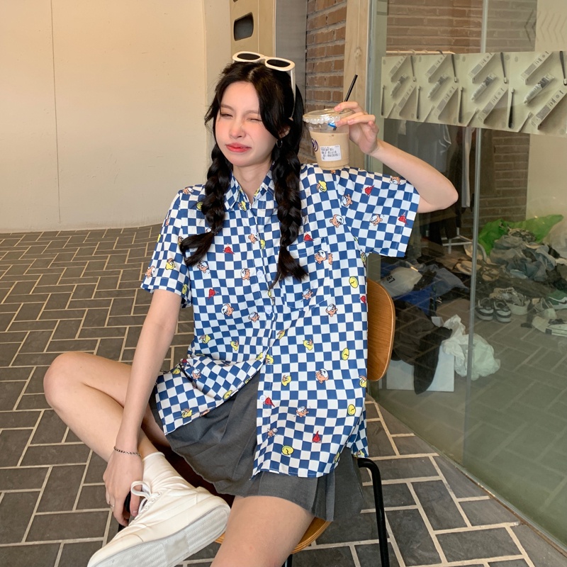 【ZHELIHANGFEI】Áo Sơ Mi Tay Ngắn Form Rộng Họa Tiết Sọc Theo Phong Cách Preppy Dễ Phối Đồ