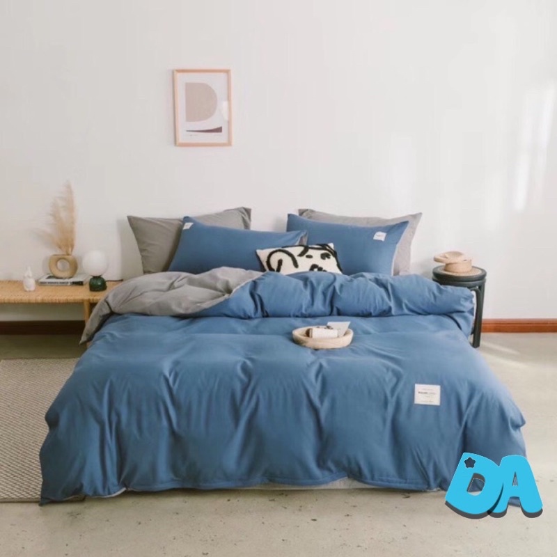 Set Chăn Ga Gối Cotton Tici - Màu Xanh phối Ghi.