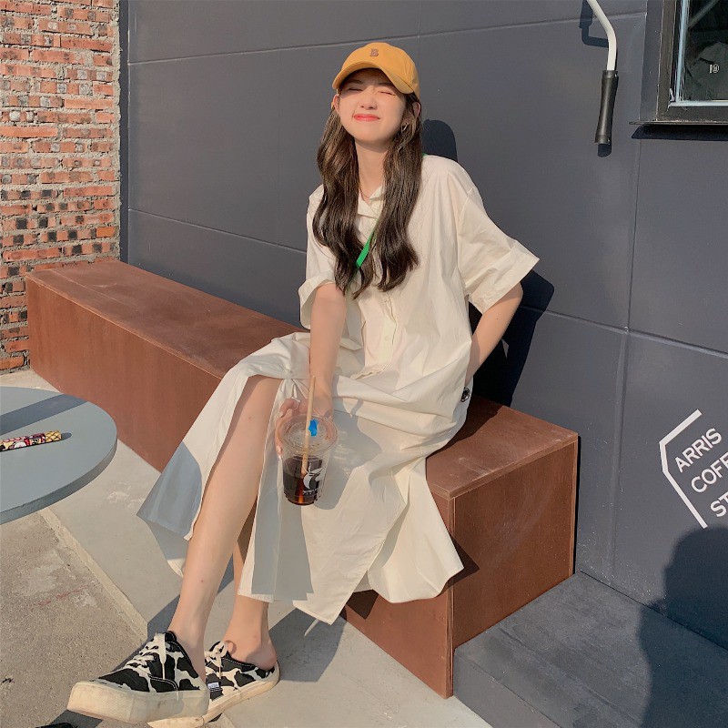 Đầm Sơ mi Be Thanh lịch Ngắn tay Form rộng Đi biển Mùa Hè Phong cách Hàn Quốc Đầm Maxi dài Sơ mi Tay ngắn Thời trang