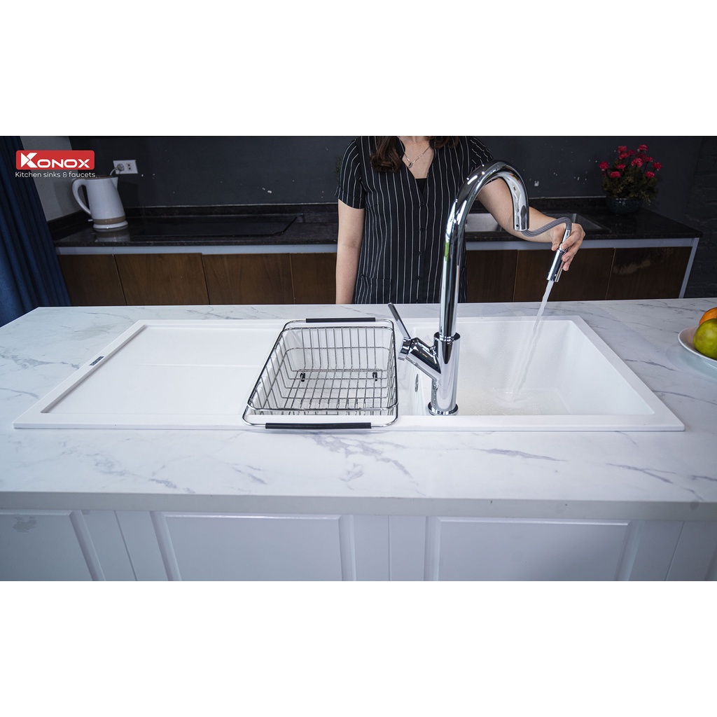 Chậu rửa bát đá KONOX Granite Series - Livello Smart 1160 White Silver, Made in Italy