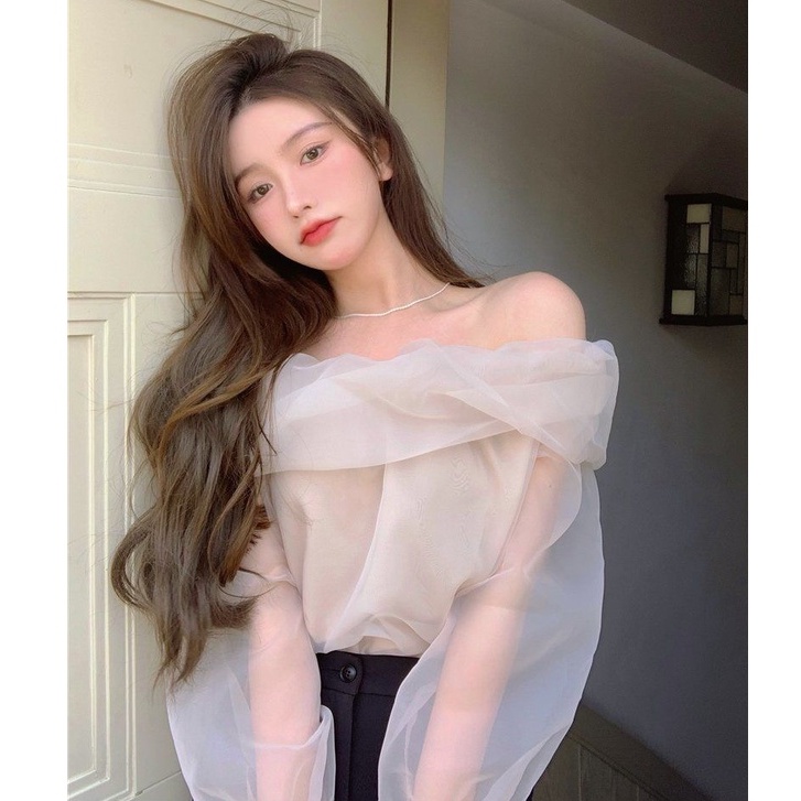 QKOOLE Áo trễ vai  dài tay phong cách Hàn Quốc cho nữ