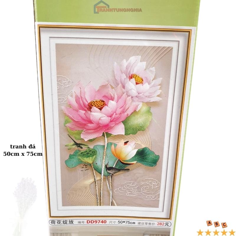 Tranh đính đá, tranh thêu chữ thập hoa sen