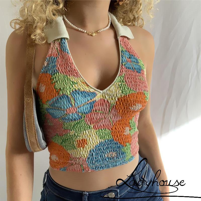 Áo Croptop Hai Dây Cổ Chữ V In Họa Tiết Thời Trang Mùa Hè Cho Nữ