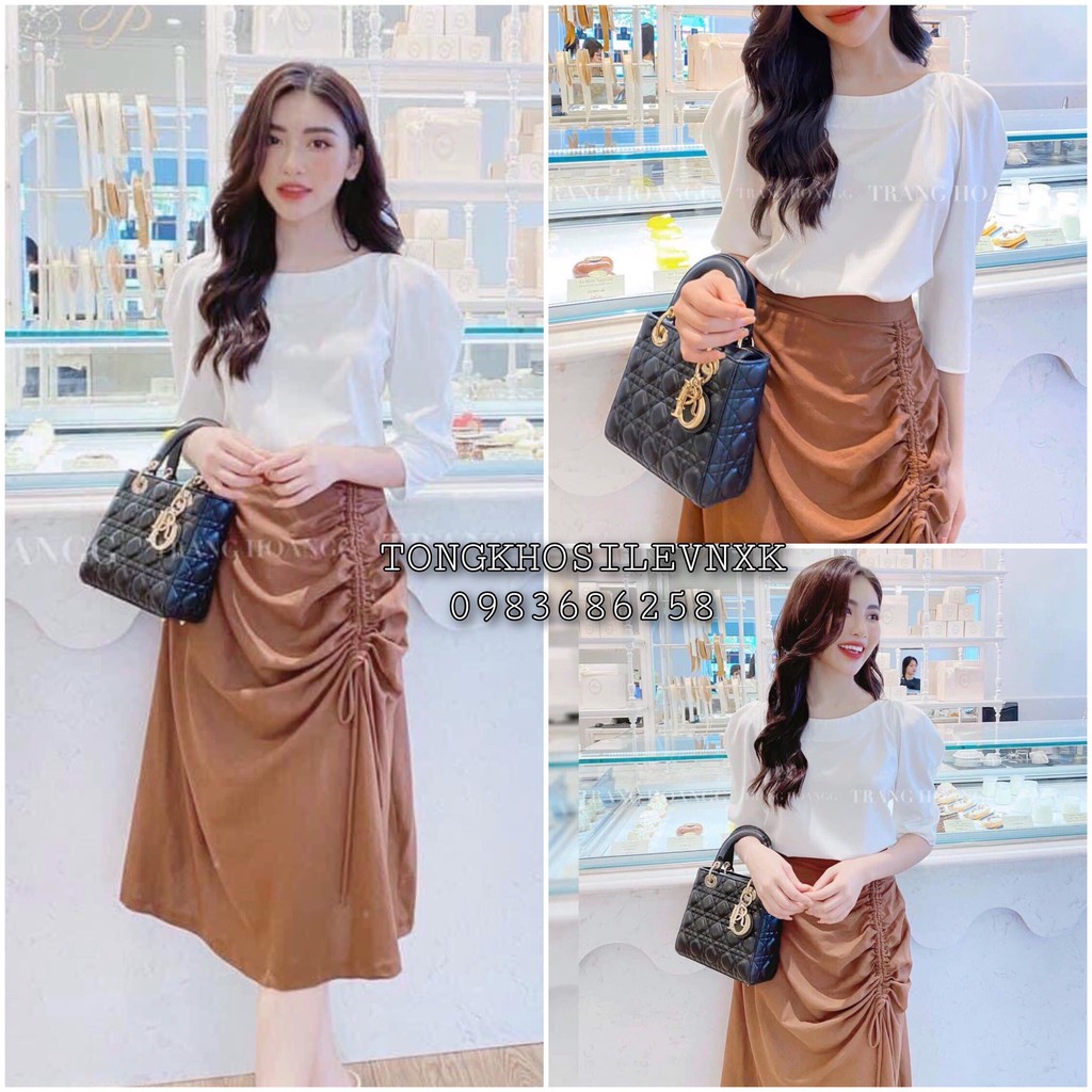 SET ÁO SƠ MI TRẮNG ĐŨI MIX CHÂN VÁY NÂU RÚT DÂY CHO NỮ - ÁO ĐŨI TRẮNG ULZZANG