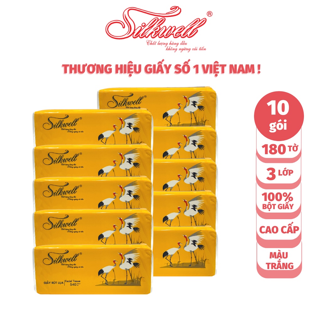 Combo 10 gói Giấy rút Silkwell Sếu 200 tờ 3 lớp hàng cao cấp, khăn giấy rút lụa siêu mềm mịn không tẩy trắng chính hãng