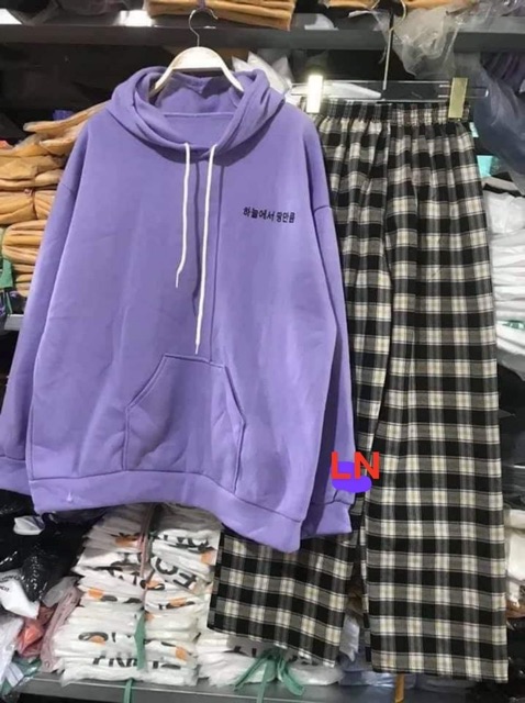 Sét áo hoodie chữ Hàn + quần kẻ đen LN11
