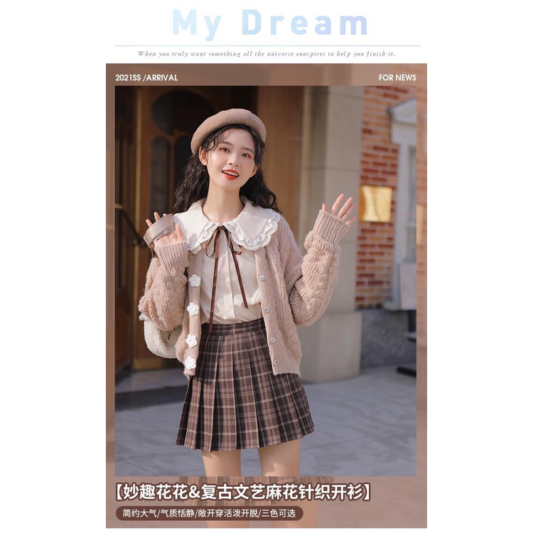 Set áo khoác cardigan dệt kim dáng rộng + áo sơ mi cổ búp bê + chân váy xếp ly + áo 5 ngày