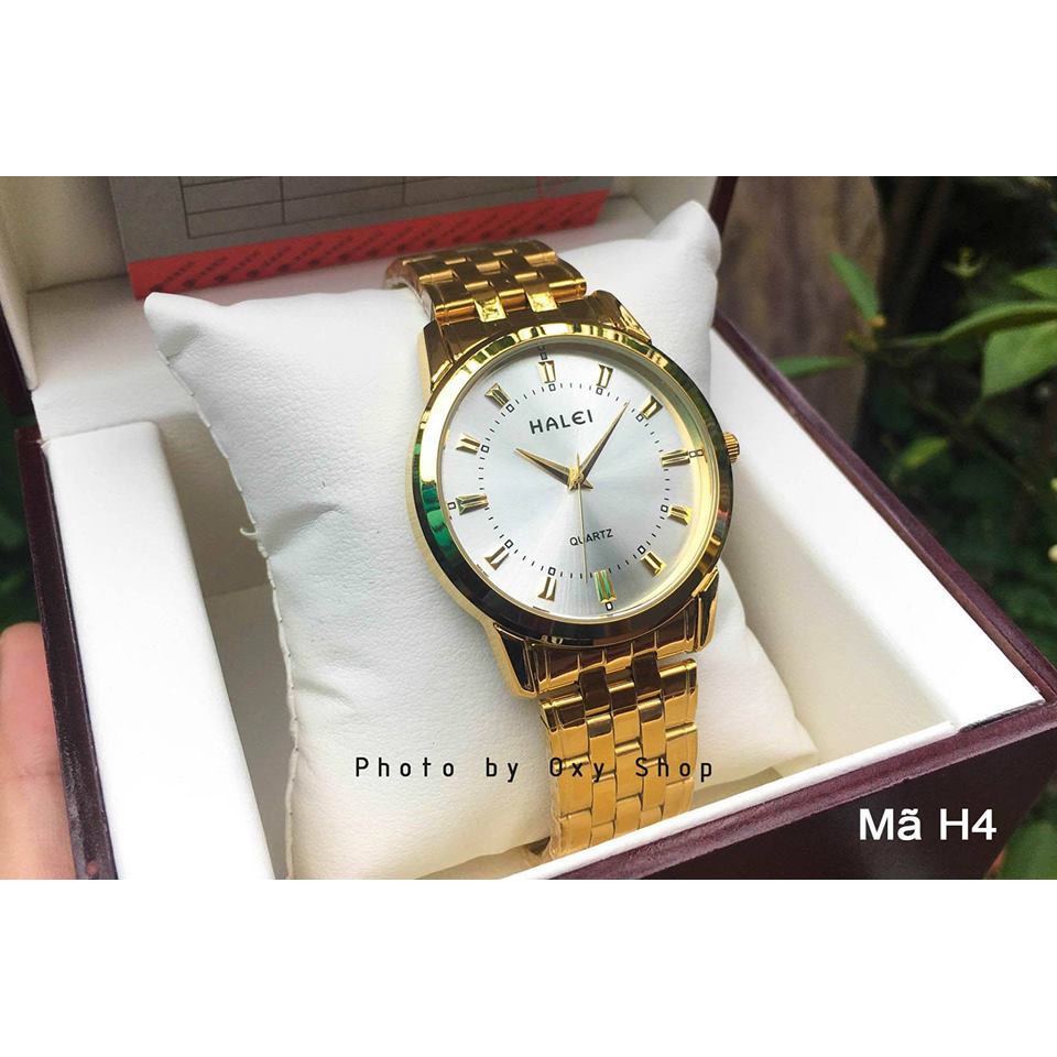 Đồng hồ nam halei HL06 dây vàng mặt trắng chống nước chống xước,tặng kèm vòng tì hưu