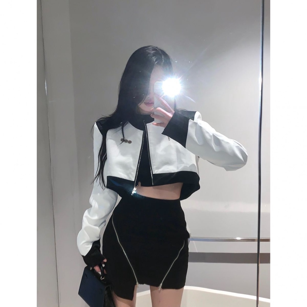 Bộ Áo Khoác + Chân Váy Da Ngắn Lưng Cao Màu Tương Phản Thời Trang Cao Cấp Phong Cách Mới Cho Nữ