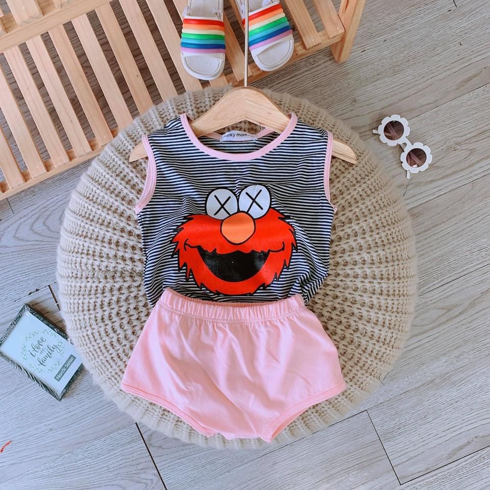XẢ HÀNG Bộ quần áo ba lỗ in hình ngỗ nghĩnh, bộ quần áo sát nách Sesame Street dễ thương chất cotton 4c mịn mát