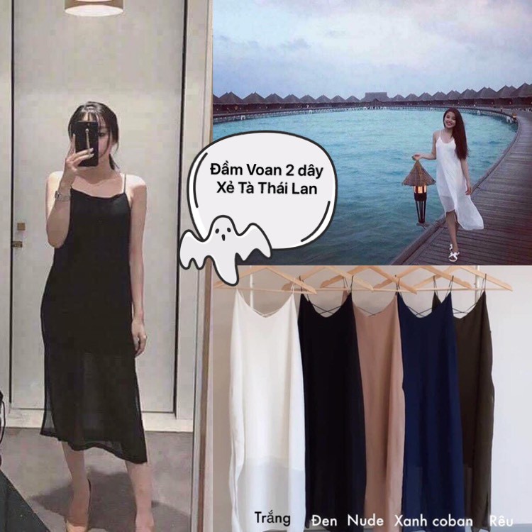 Đầm voan 2 dây xẻ tà thướt tha (freesize)