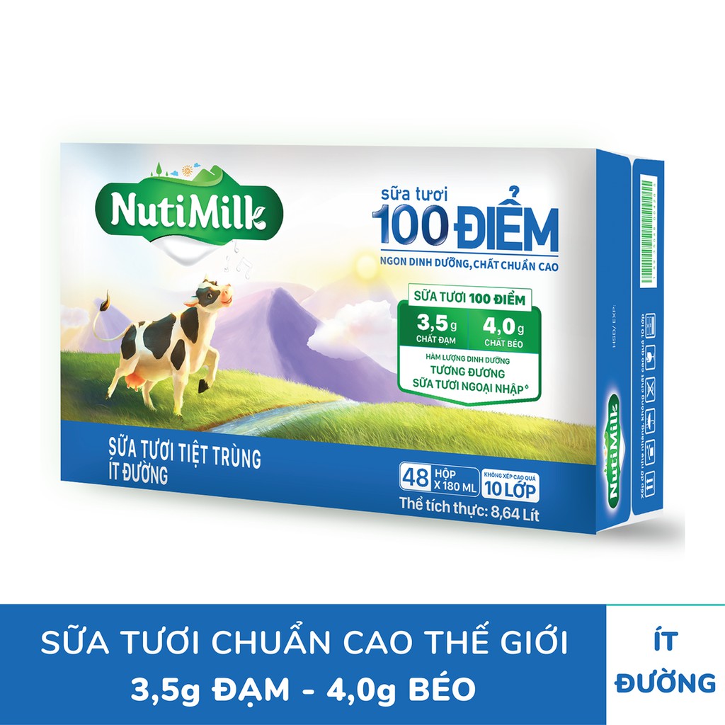 [BÉ KHỎE BÉ ĐẸP] 1 Thùng/48 Hộp NUTIMILK Sữa Tươi Tiệt Trùng 100 Điểm 180mL Không đường/ ít đường/ Có đường/ Đường Đen