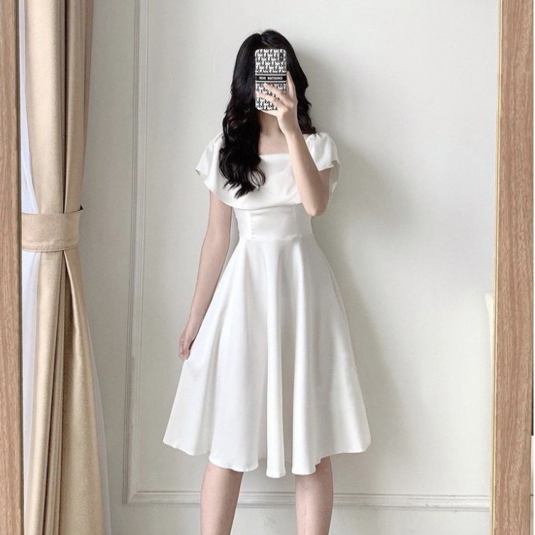 Đầm Trắng Nữ Ngắn Tay Chun Vai Cổ Vuông Chất Đũi Siêu Xinh | BigBuy360 - bigbuy360.vn