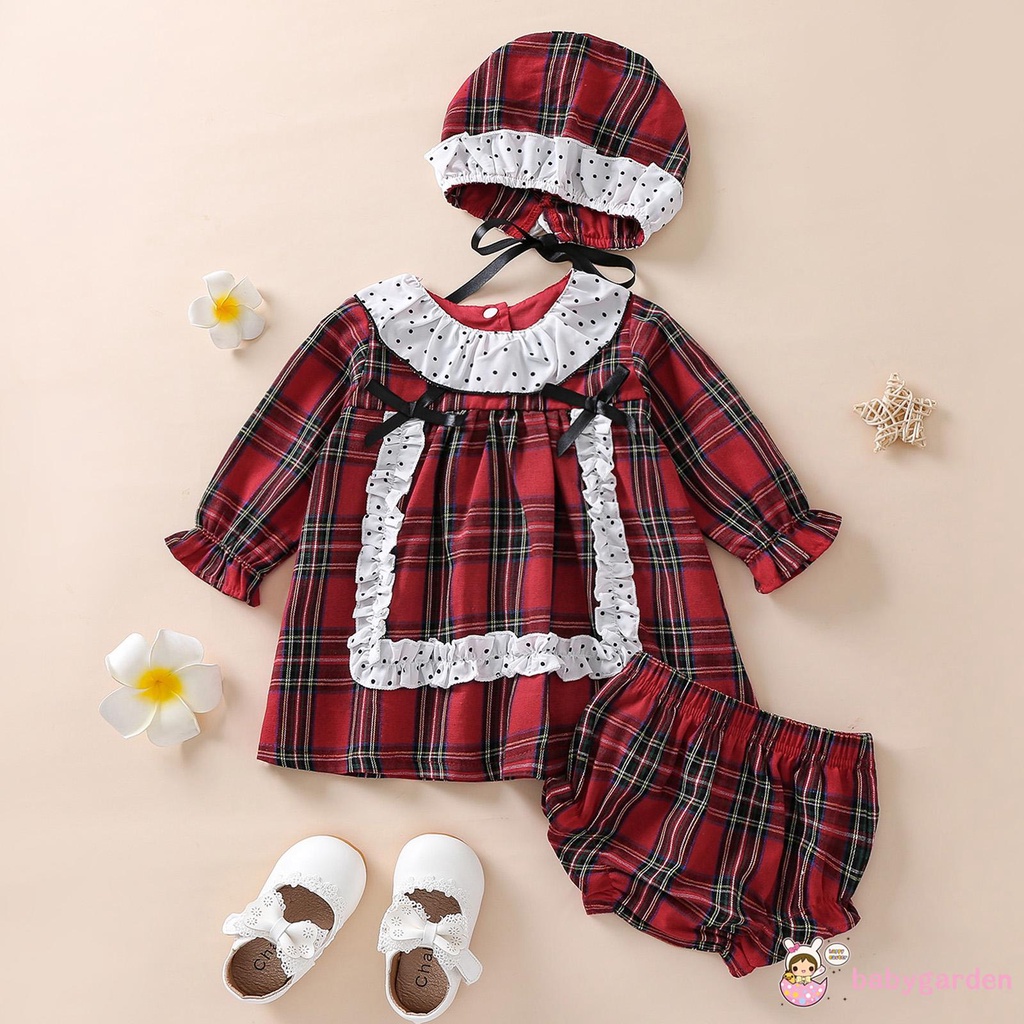 Bộ Áo Tay Dài Cổ Tròn + Quần Short + Mũ In Họa Tiết Giáng Sinh Cho Bé Gái