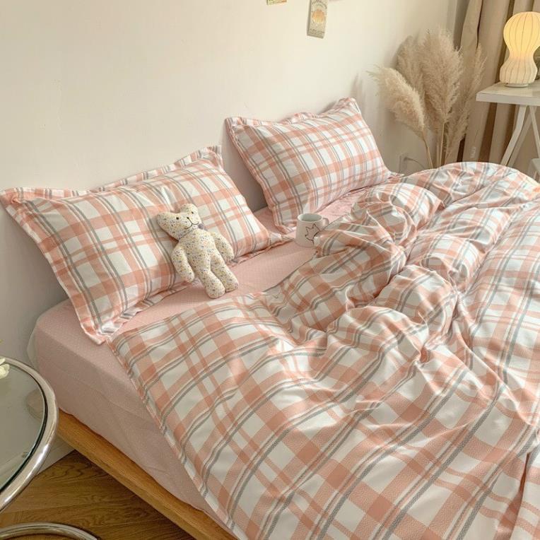 Trọn Bộ 4 Món Chăn Ga Gối Mền Cotton Poly-Thương Hiệu 🌸EVILY🌸- Mẫu KẺ HỒNG Đơn Gian & Tinh Tế