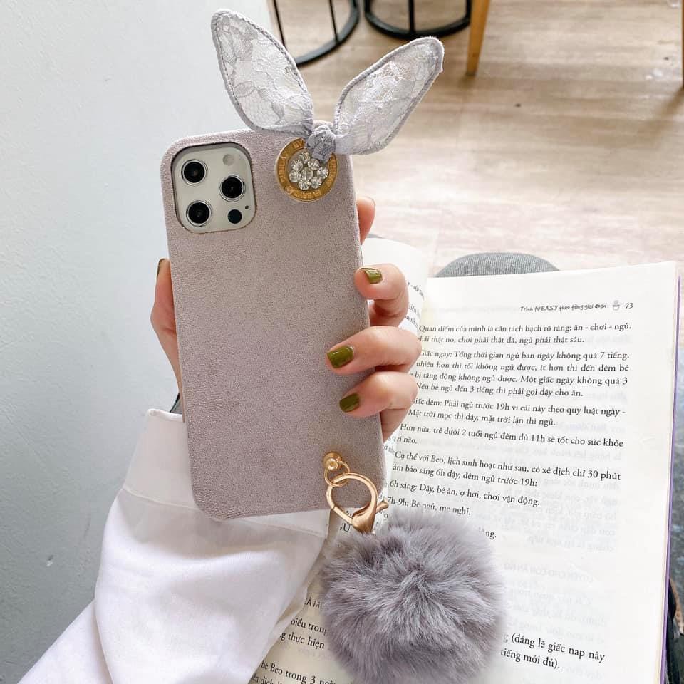 Ôp lưng iphone DẠ TAI THỎ KÈM CỤC BÔNG GHI 6s plus/6/7/7plus/8/8plus/x/xs/xs max/11/11 pro/11 promax,Anh Ga Case