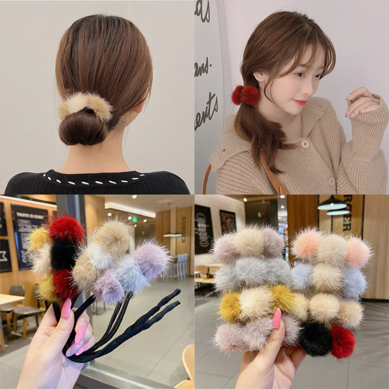 Dây Buộc Tóc Phối Lông Thiết Kế Đơn Giản Xinh Xắn Cho Nữ
