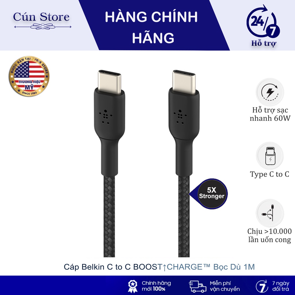 Cáp sạc Belkin Type C to C BOOST↑CHARGE™ bọc dù, dài 1 mét, 60W chính hãng | Bảo hành 12 tháng