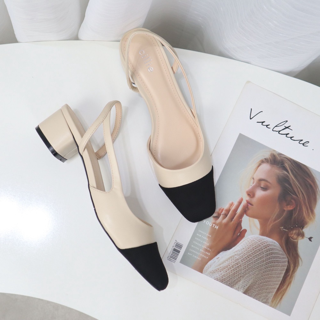 Giày Sandal Nữ Cillie Slingback Mũi Vuông Phối Nỉ Gót Vuông Cao 5p 1114