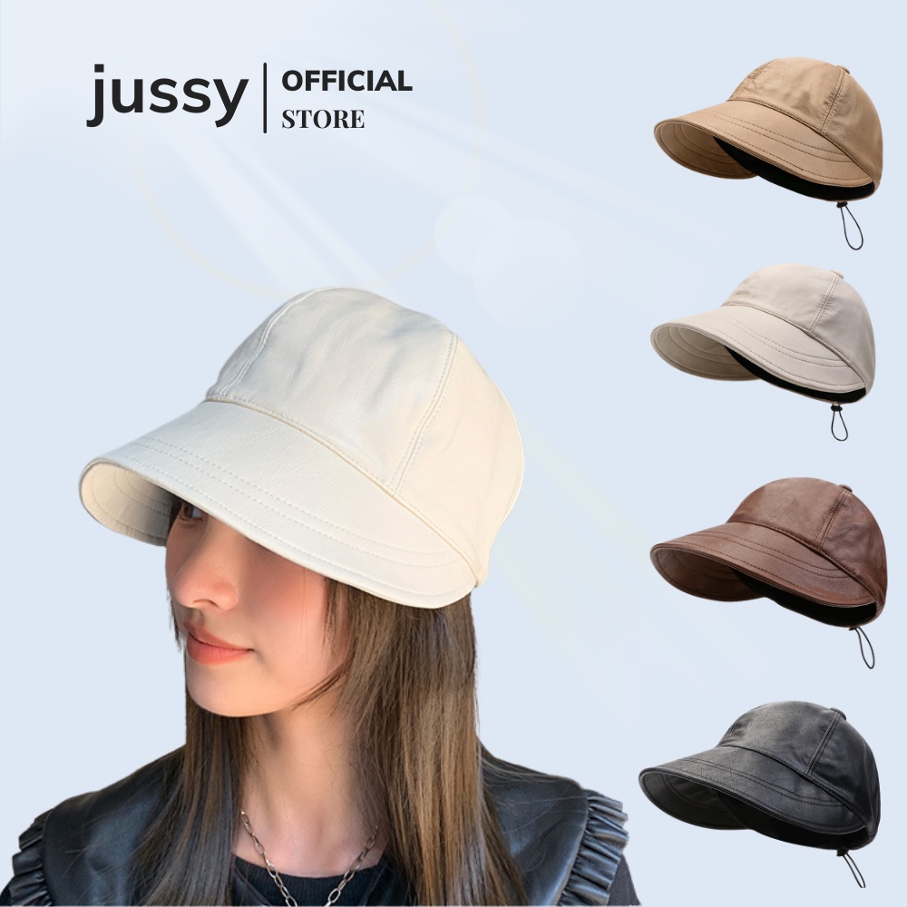 Mũ Chống Nắng Hàn Quốc Da PU Có Dây Rút Thoáng Khí Jussy Official Kiểu Nón Rộng Vành Nữ Che Nắng Uzzlang Chống Tia UV