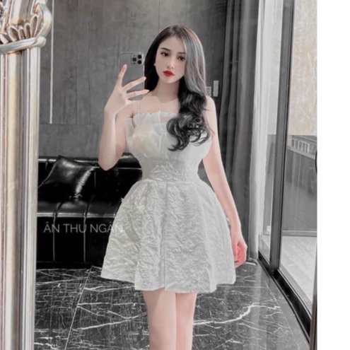 váy 2 dây thiết kế, váy 2 dây chất xốp phối vân 3d hoa ly cao cấp