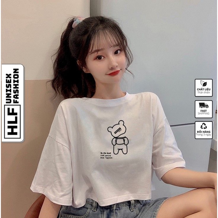 Áo croptop tay lỡ nữ gấu QQQ we are never, áo thun nữ HLFashion