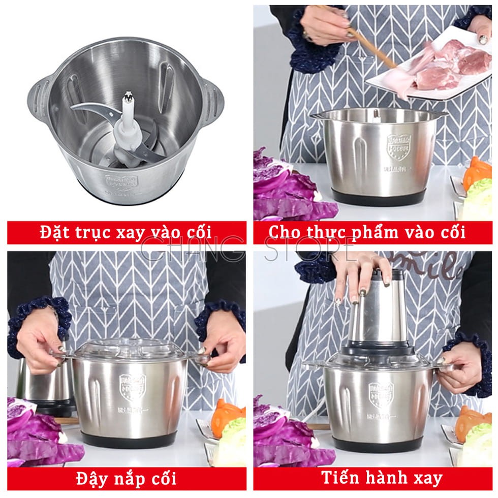 Máy Xay Thịt Đa Năng Cối INOX 304, 2L Công Suất 300W 4 Lưỡi Kép - Cối xay thực phẩm, rau củ