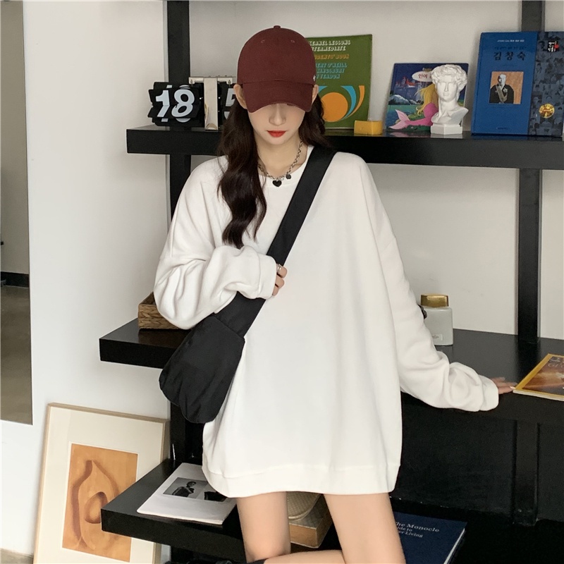 Áo sweater dáng rộng tay dài cổ tròn màu sắc đơn giản thời trang phong cách Hàn Quốc