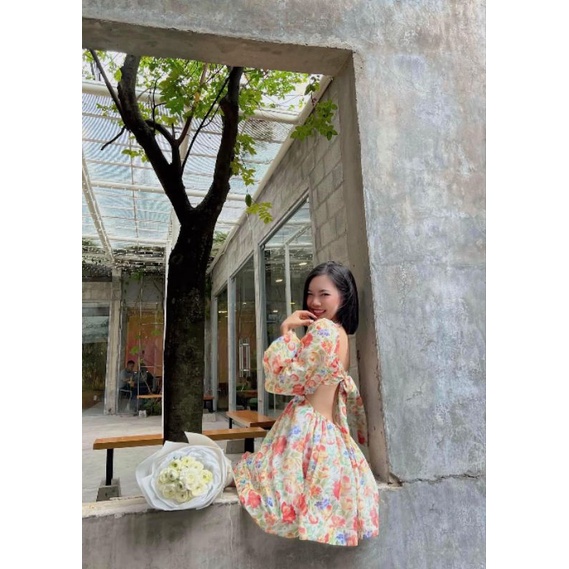 Đầm hoa hồng cam xòe nơ lưng mã 0203