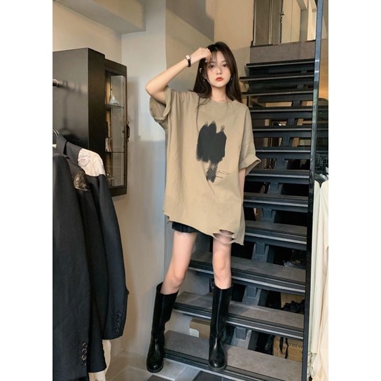 Áo thun PEWARN tay ngắn dáng rộng thiết kế rách phong cách Hàn Quốc thời trang mùa hè 2022