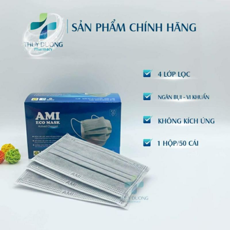 (Hộp 50 chiếc) Khẩu trang AMI 4 lớp màu xám hàng chính hãng