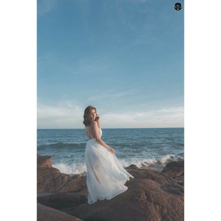 Đầm maxi trắng chéo dây lưng