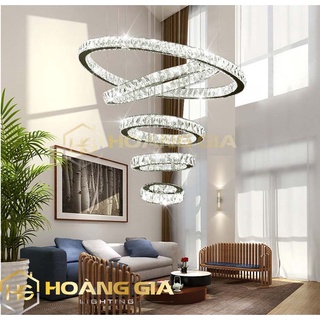 Đèn thả trần 🍀 đèn thả phòng khách 5 vòng pha lê trang trí hiện đại 🍀 kèm điều khiển từ xa