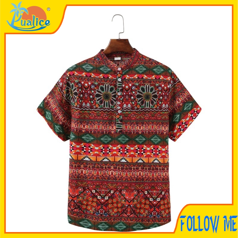 Áo Thun Nam Ngắn Tay Men Fashion Summer Fashion Printed Beach Short Sleeve TShirts Hawaii Casual Button Linen Floral Ethnic Tops Men Clothing