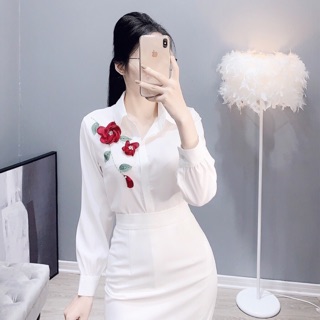 Sơ mi thêu ruy băng hoa hồng