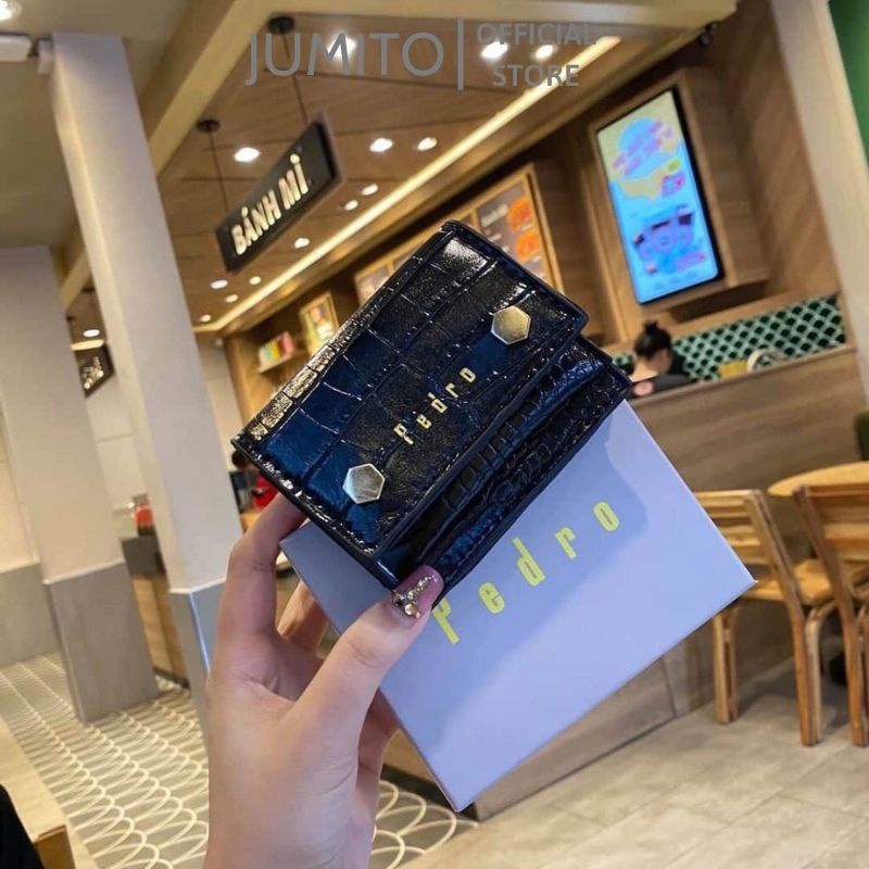 Ví Pe.dro mini vân cá sấu gập gọn nhiều ngăn đựng thẻ phối nút đẹp mới lạ JUMITO T1.075.HO