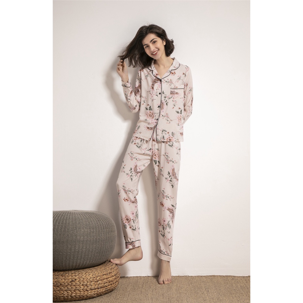 Bộ ngủ dài tay nữ vải lụa cotton thoải mái Pijama mặc nhà mùa thu đông