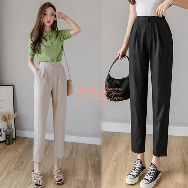 Quần đũi nữ dáng baggy công sở cạp chun lưng thun cao khóa thật - Màu Trắng Đen Be - Vải đũi xước trơn - Mặc đi làm biển