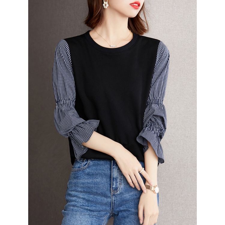 ZHELIHANGFEI Áo Dệt Kim Tay Loe Dài Cổ Tròn Lưng Cao Giả Hai Lớp Cá Tính Dễ Phối Đồ