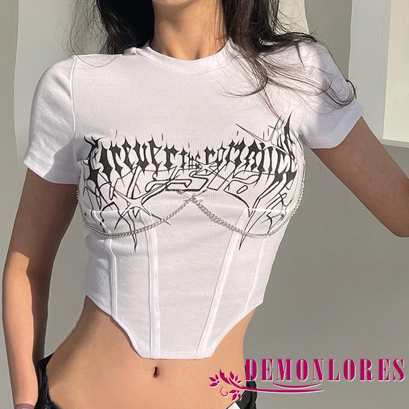 Áo Thun Crop Top Tay Ngắn Cổ Tròn In Chữ Phối Dây Xích Kim Loại Ôm Dáng Thời Trang Cho Nữ